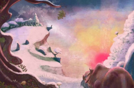 Illustration of Gopal in the distance, sitting on the edge of a rocky lookout, depressed over the death of his father. It is a snowy landscape with the sun setting creating a beautiful painterly sky. Gopal's cow is in the foreground, looking at Gopal in the distance, feeling sad for his young master.