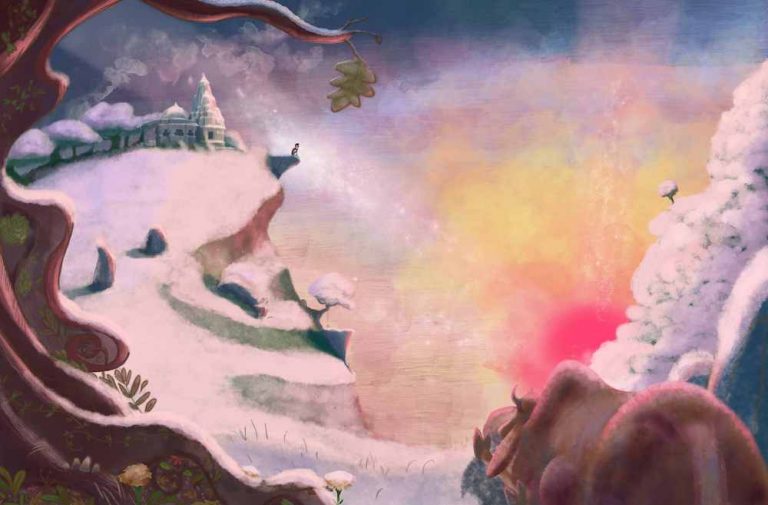 Illustration of Gopal in the distance, sitting on the edge of a rocky lookout, depressed over the death of his father. It is a snowy landscape with the sun setting creating a beautiful painterly sky. Gopal's cow is in the foreground, looking at Gopal in the distance, feeling sad for his young master.