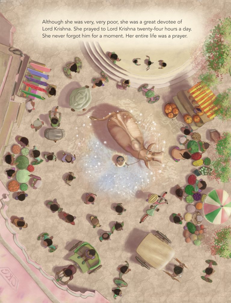 Birds-eye view of Gopal's mother walking through a busy marketplace with the cow. She's looking up at the sky/viewer, undisturbed by the hustle and bustle. This illustration is from the book 'Gopal's Brother' and the text reads: 'Although she was very, very poor, she was a great devotee of Lord Krishna. She prayed to Lord Krishna twenty-four hours a day. She never forgot him for a moment. Her entire life was a prayer.'