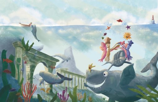 Children's illustration with a pod of whales, audience of squid and a galaxy of starfish, all having fun together underwater. They are swimming around a sunken Greek temple and arch.