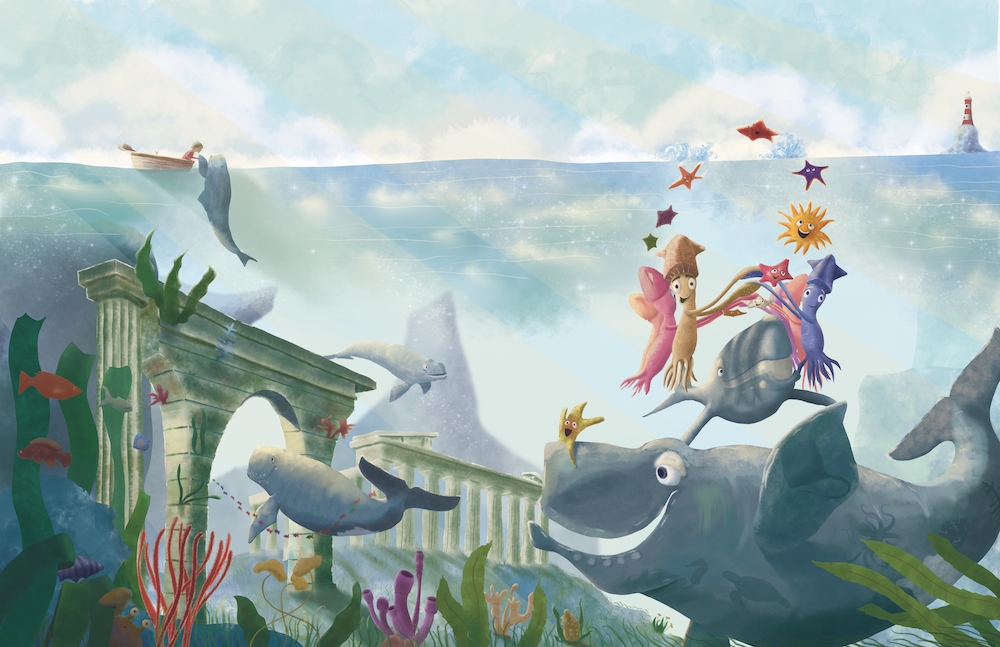Children's illustration with a pod of whales, audience of squid and a galaxy of starfish, all having fun together underwater. They are swimming around a sunken Greek temple and arch.