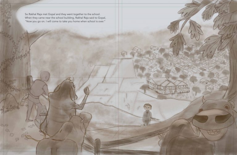Page 14-15, rough sketch from the double page spread illustration from the book, Gopal's Brother, by Sri Chinmoy. Sri Krishna, his cows and Gopal's cow are behind the fence, looking down over the valley with the school and village. Gopal is on the other side of the fence. The text reads, "So Rakhal Raja met Gopal and they went together to the school. When they came near the school building, Rakhal Raja said to Gopal, "Now you go on. I will come to take you home when school is over."