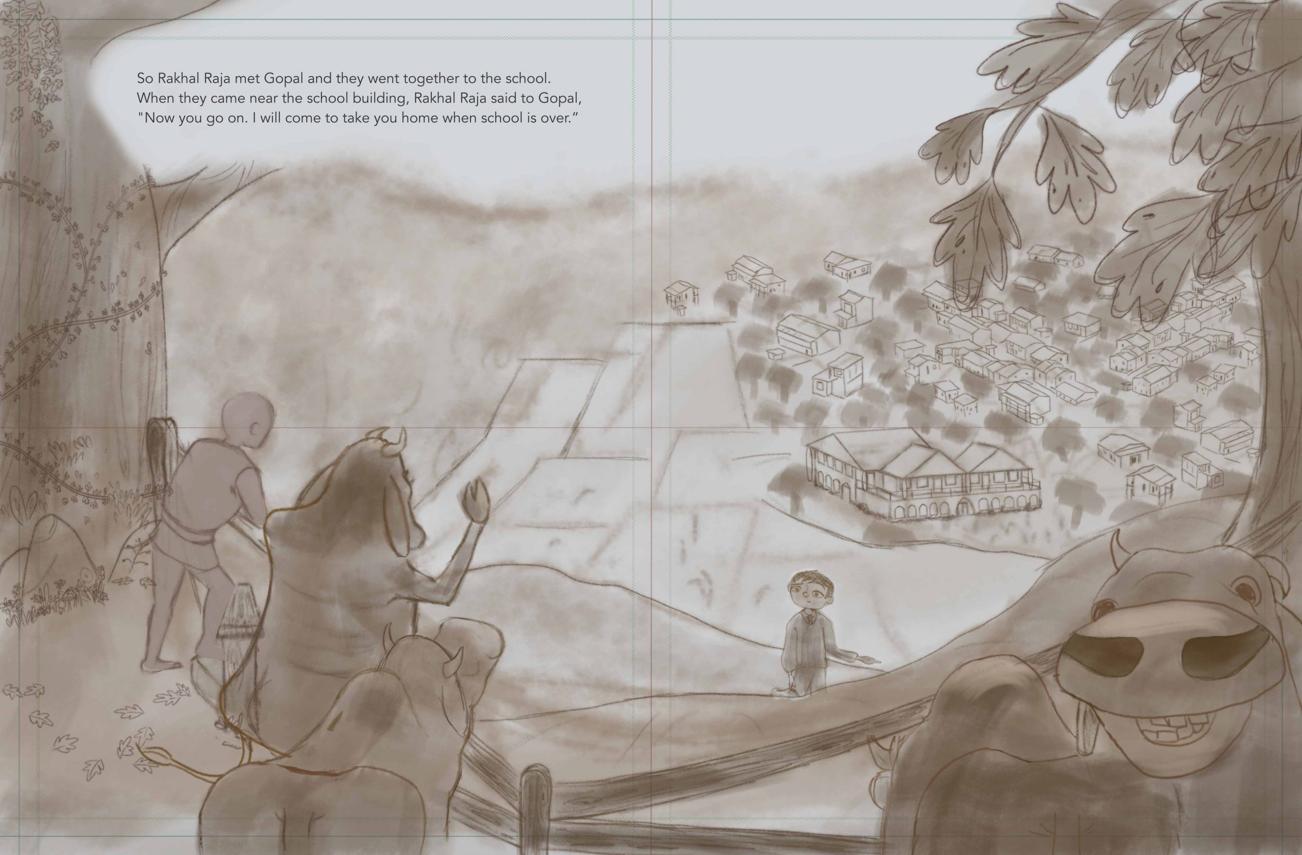 Page 14-15, rough sketch from the double page spread illustration from the book, Gopal's Brother, by Sri Chinmoy. Sri Krishna, his cows and Gopal's cow are behind the fence, looking down over the valley with the school and village. Gopal is on the other side of the fence. The text reads, "So Rakhal Raja met Gopal and they went together to the school. When they came near the school building, Rakhal Raja said to Gopal, "Now you go on. I will come to take you home when school is over."
