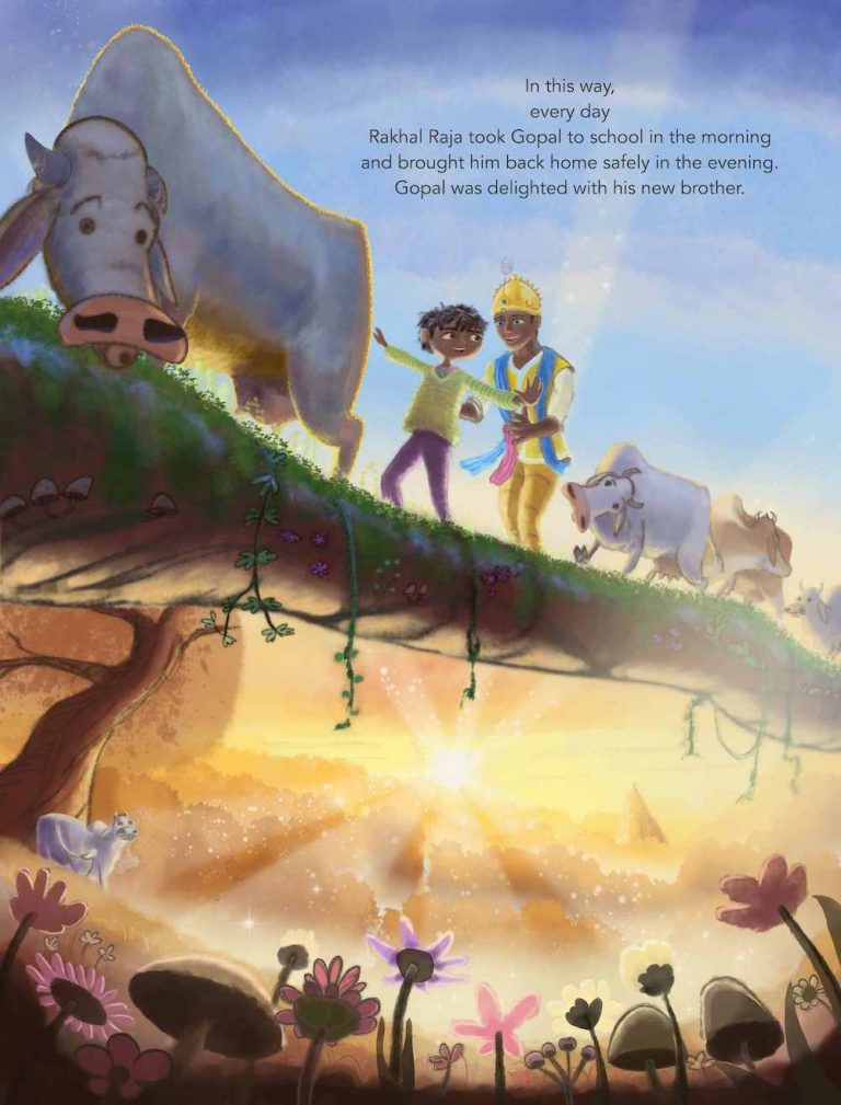 Single page illustration from the book, Gopal's Brother, by Sri Chinmoy. Gopal, Sri Krishna, and their cows are walking across a fallen tree bridge, having fun being with each other. The sun is setting in the background over the forest, with a beautiful illumination radiating across the landscape. The text reads, "In this way, every day Rakhal Raja took Gopal to school in the morning and brought him back home safely in the evening. Gopal was delighted with his new brother."