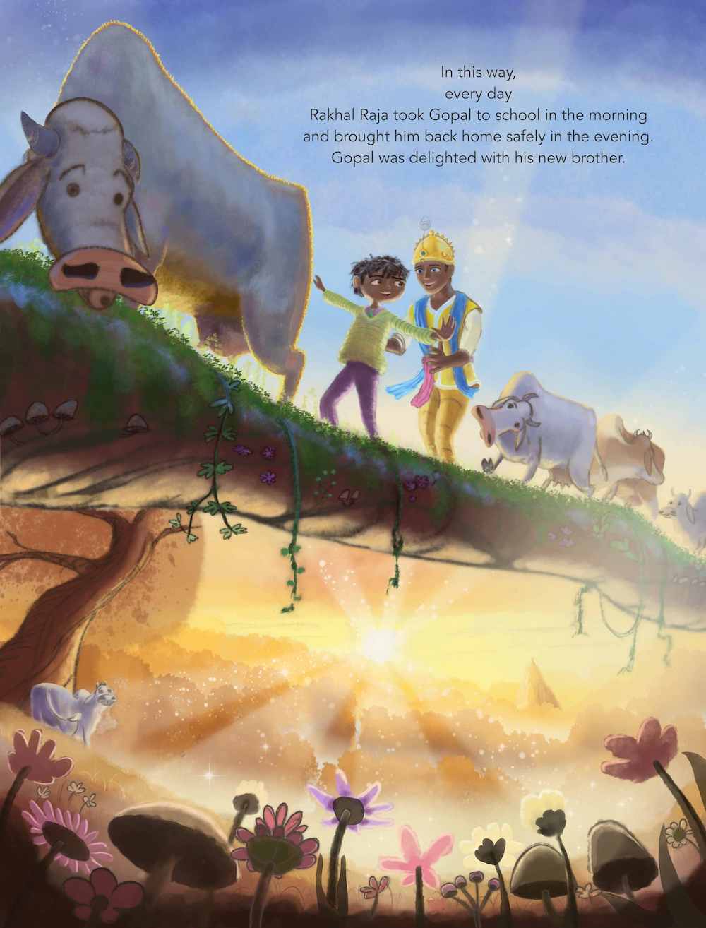 Single page illustration from the book, Gopal's Brother, by Sri Chinmoy. Gopal, Sri Krishna, and their cows are walking across a fallen tree bridge, having fun being with each other. The sun is setting in the background over the forest, with a beautiful illumination radiating across the landscape. The text reads, "In this way, every day Rakhal Raja took Gopal to school in the morning and brought him back home safely in the evening. Gopal was delighted with his new brother."