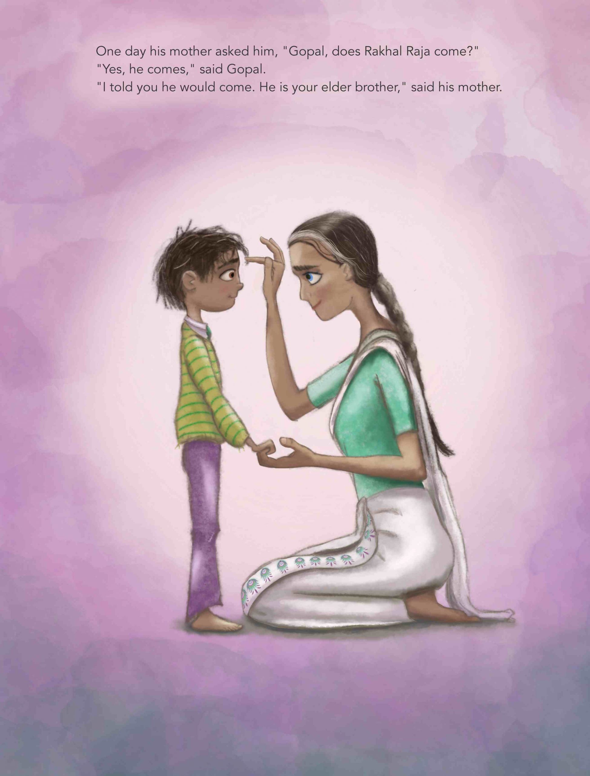 Gopal standing in front of his mother who is kneeling. They are facing each other and she is lovingly moving some of his hair out of his face with her finger.