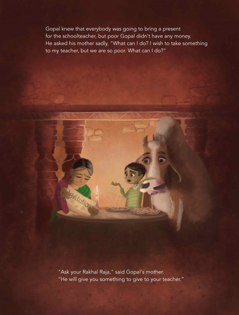 Page 21 from the Sri Chinmoy book, Gopal's Brother. In the illustration, Gopal, his mother and their cow are sitting at the table in the darkened room, lit by only a candle on the table. The mother is reading the party invitation to Gopal to attend his teacher's mother's funeral wake. Gopal is asking his mother what he should bring, and the cow is slucking spahetti. The text reads: 'Gopal knew that everybody was going to bring a present for the schoolteacher, but poor Gopal didn't have any money. He asked his mother sadly, "What can I do? I wish to take something to my teacher, but we are so poor. What can I do?" "Ask your Rakhal Raja," said Gopal's mother. "He will give you something to give to your teacher."'