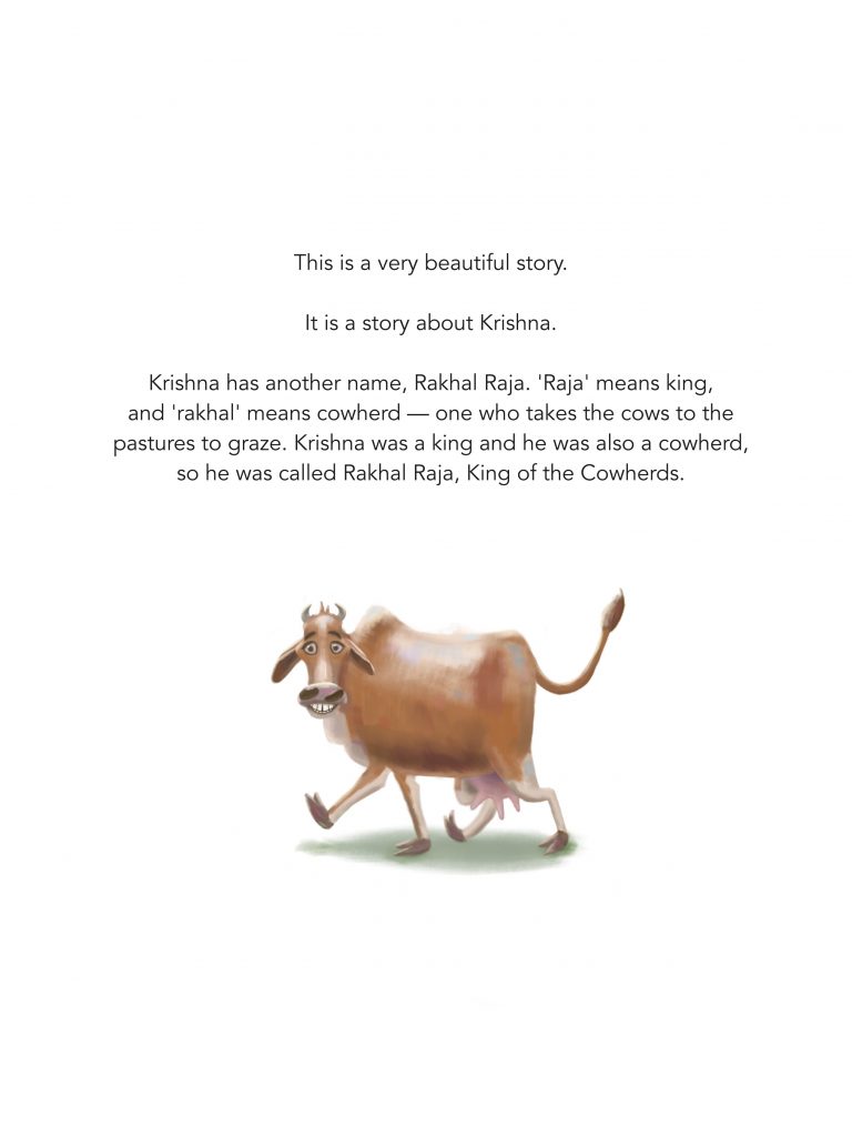 Introduction page to the Gopal's Brother book, showing Gopal's smiling cow.