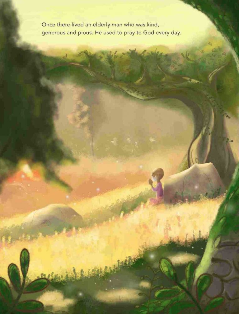 Gopal's father, meditating in a meadow with the morning sunshine bathing the whole image.