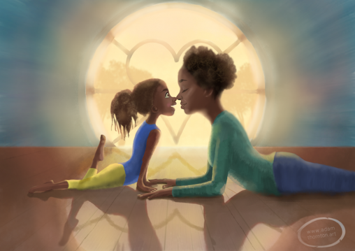 A children's illustration of a mother and young daughter, facing each other. The mother has a happy, calm expression and is doing the sphinx yoga position. The daughter is joyfully doing the cobra position so she can get nose-to-nose with her mother. Behind them is a round window with the light pouring in over the varnished wooden floor.