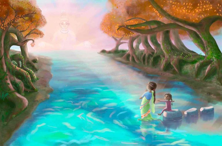 Children's illustration entitled 'Imagine A World Full of Gratitude'. Shows a girl and her young sister standing in a beautiful river in India. The children are wearing saris and they are facing the sun god, Surya, with folded hands - grateful for the beautiful morning sunshine.