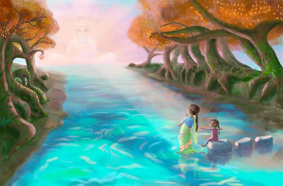 Children's illustration entitled 'Imagine A World Full of Gratitude'. Shows a girl and her young sister standing in a beautiful river in India. The children are wearing saris and they are facing the sun god, Surya, with folded hands - grateful for the beautiful morning sunshine.