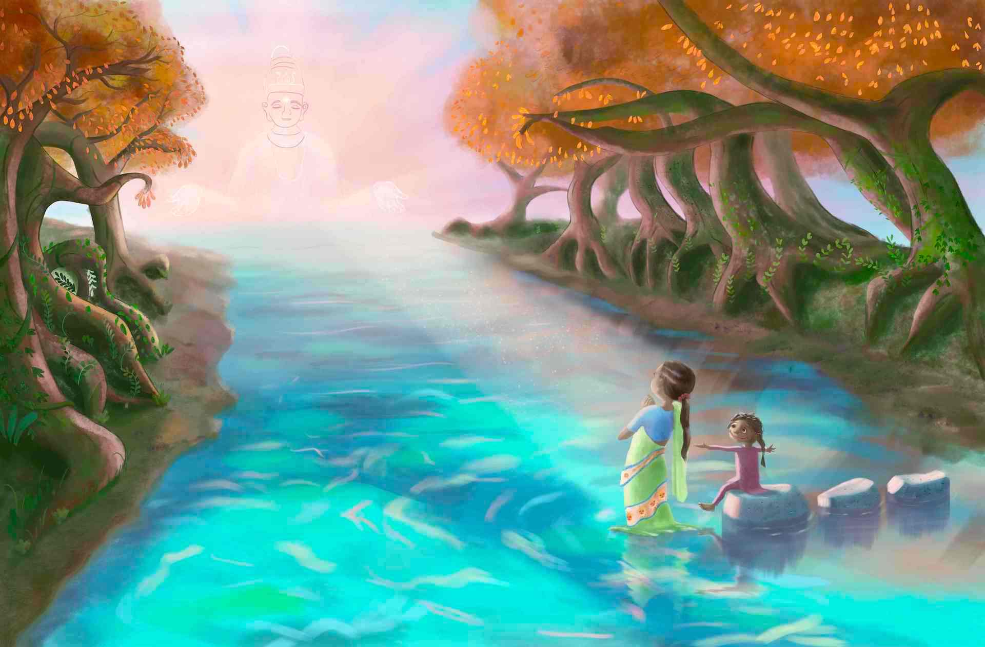 Children's illustration entitled 'Imagine A World Full of Gratitude'. Shows a girl and her young sister standing in a beautiful river in India. The children are wearing saris and they are facing the sun god, Surya, with folded hands - grateful for the beautiful morning sunshine.