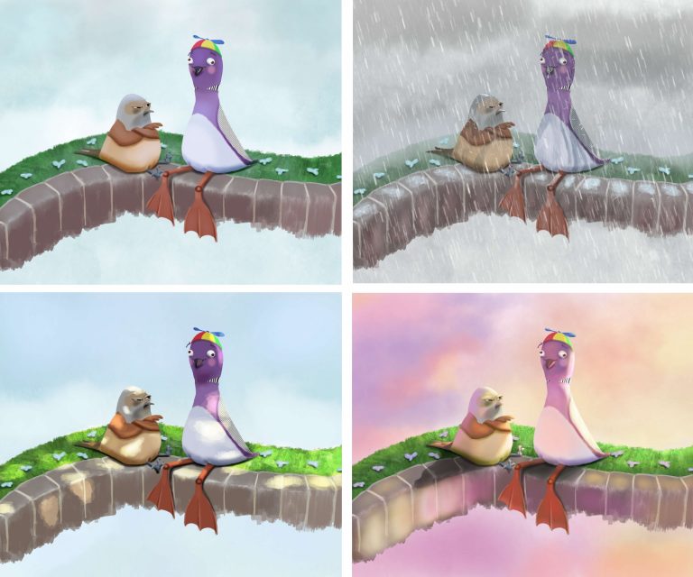 A grouping of four illustrations showing different lighting for the same image. All four are a comical rendition of a frustrated Great Tit sitting next to a cross-eyed Common Loon. The first picture is flat, diffuse lighting (such as on a cloudy day). The second is a rainy day; the third is dappled light; the fourth is evening light.