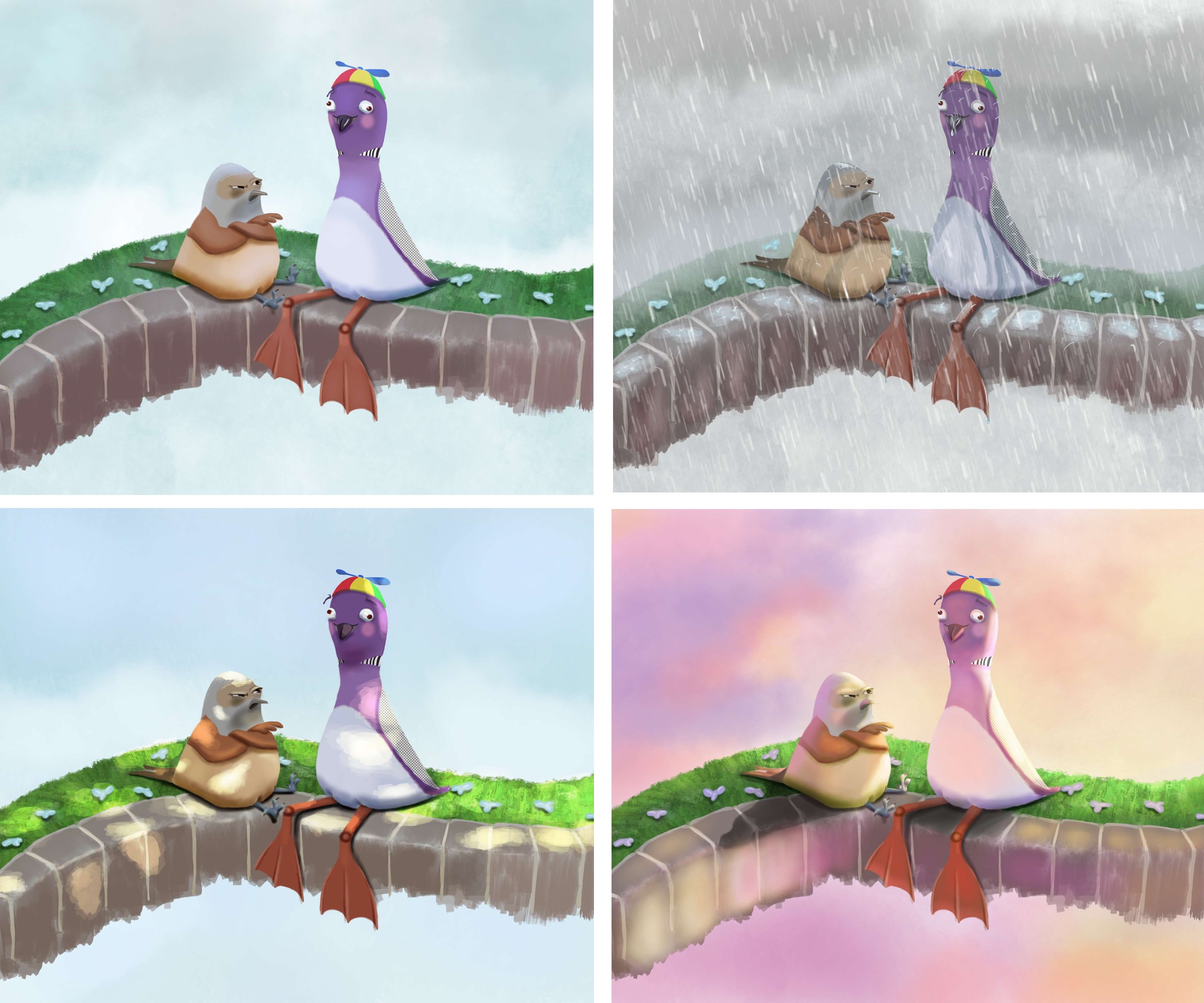 A grouping of four illustrations showing different lighting for the same image. All four are a comical rendition of a frustrated Great Tit sitting next to a cross-eyed Common Loon. The first picture is flat, diffuse lighting (such as on a cloudy day). The second is a rainy day; the third is dappled light; the fourth is evening light.