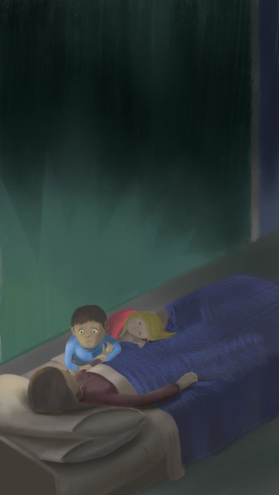 The painting depicts a shadowy hospital room wall. In the lower half of the painting a mother is lying in her hospital bed. Her young son is sitting beside her bed, holding her hand with a very worried expression. His little sister is sitting beside him with her head on the bed, exhausted from her emotions and her tears wetting the blanket under her head.