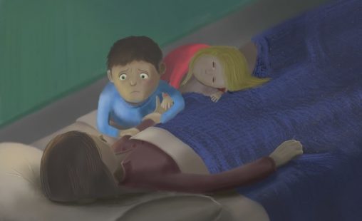 Detail from the illustration, 'Hospital'. The painting depicts a mother lying in her hospital bed. Her young son is sitting beside her bed, holding her hand with a very worried expression. His little sister is sitting beside him with her head on the bed, exhausted from her emotions and her tears wetting the blanket under her head.