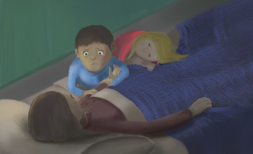 Detail from the illustration, 'Hospital'. The painting depicts a mother lying in her hospital bed. Her young son is sitting beside her bed, holding her hand with a very worried expression. His little sister is sitting beside him with her head on the bed, exhausted from her emotions and her tears wetting the blanket under her head.
