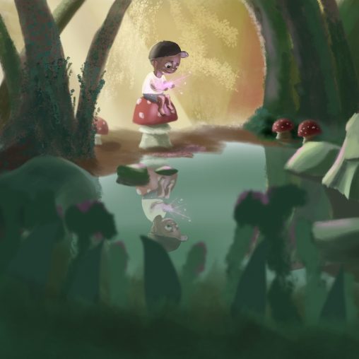 Children's illustration of a young boy sitting on a toadstool by a dark pool in the forest. Behind him is sunlight and he is holding a pink glowing crystal.