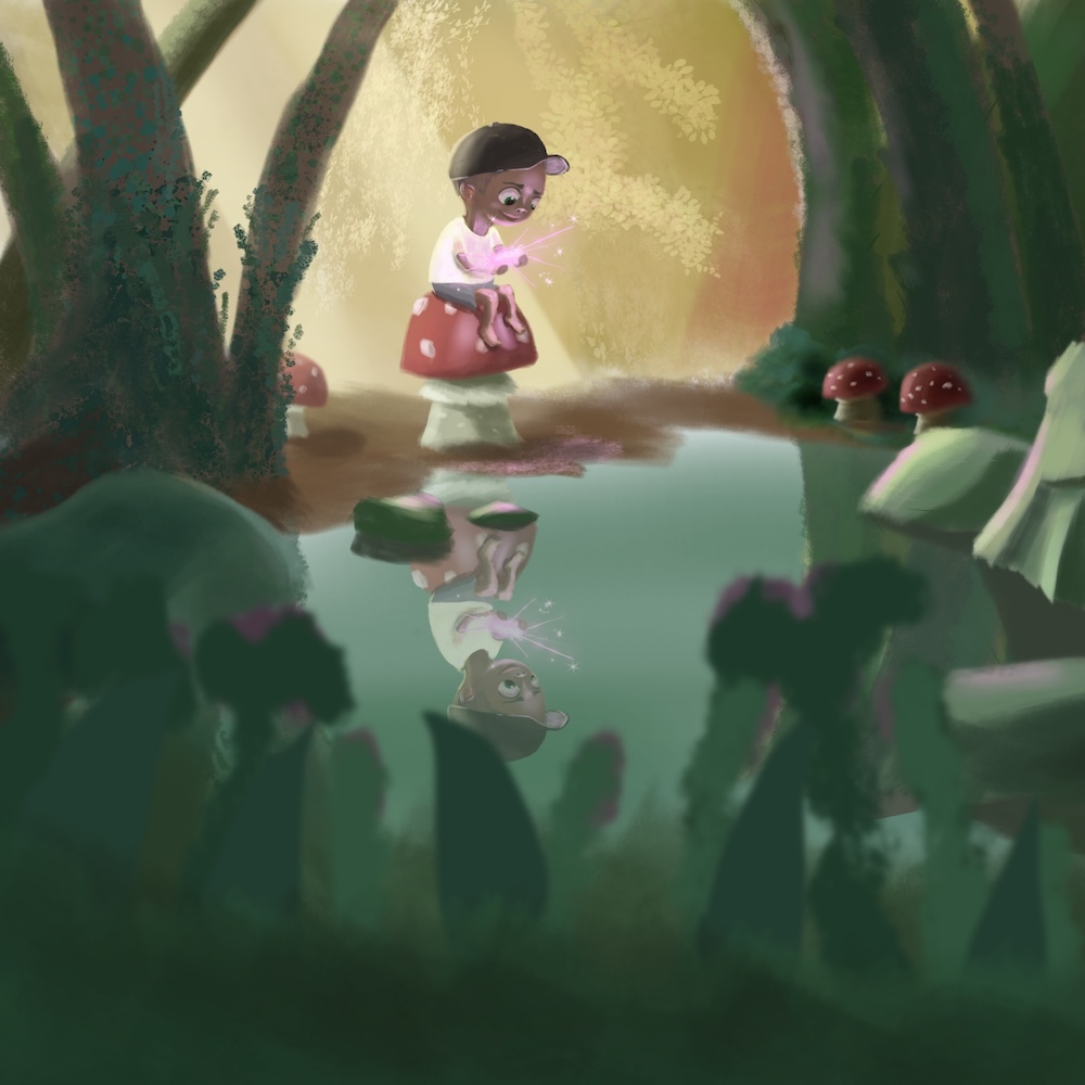 Children's illustration of a young boy sitting on a toadstool by a dark pool in the forest. Behind him is sunlight and he is holding a pink glowing crystal.