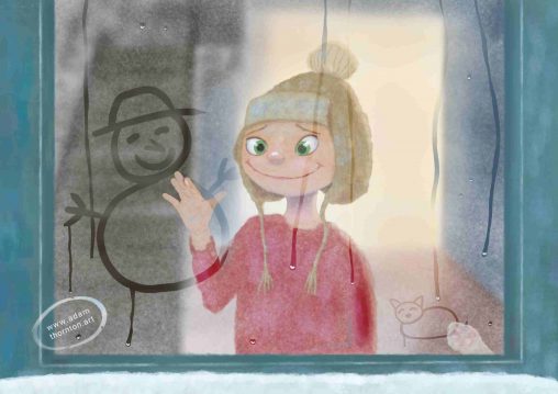 A children's illustration called 'Misty Window'. Showing a young boy with a red jumper and wooly hat. The view is from outside the window and he's waiting to go outside into the snow. While waiting, he's happily drawing a snowman in the condensation on the window.