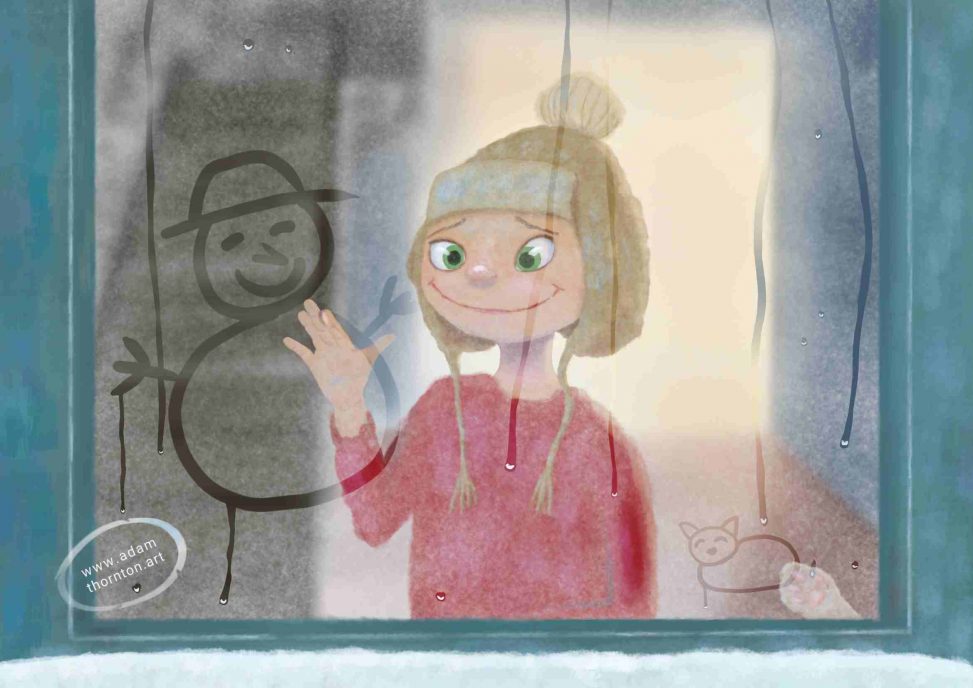 A children's illustration called 'Misty Window'. Showing a young boy with a red jumper and wooly hat. The view is from outside the window and he's waiting to go outside into the snow. While waiting, he's happily drawing a snowman in the condensation on the window.